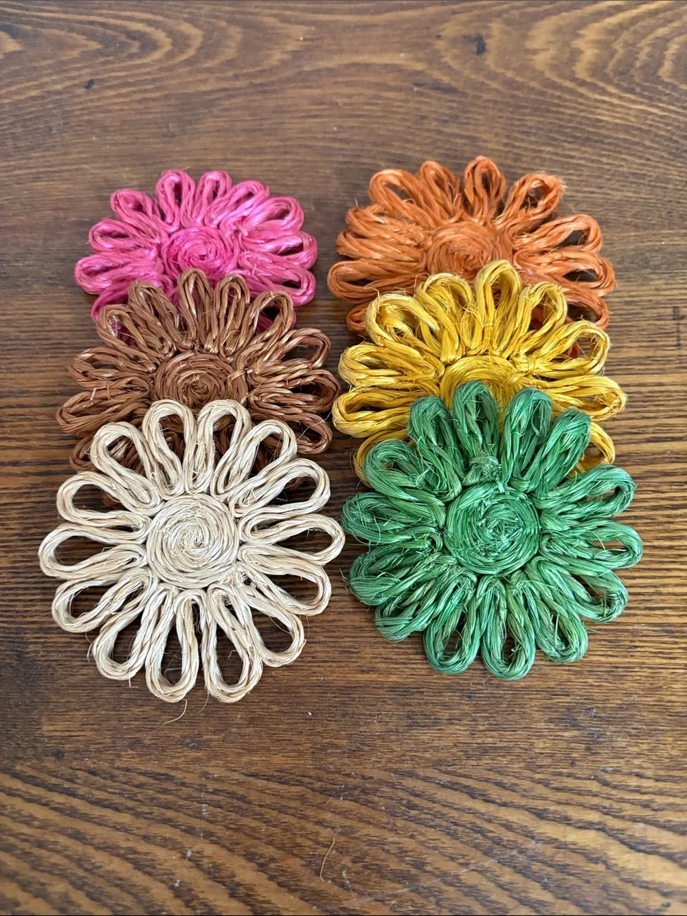 Vintage Multicolor Raffia Flower Coasters - Set of 10